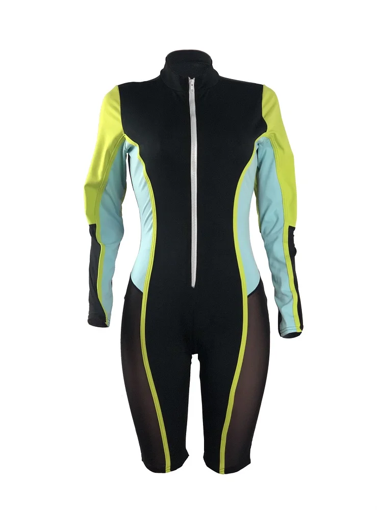 Байкерский короткий комбинированный женский комбинезон с молнией спереди