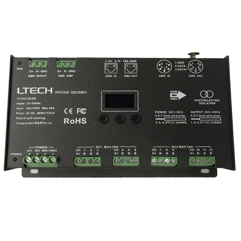 LT-912-O светодиодный DMX512 Декодер контроллер; DC12-24V вход; 4A* 12CH 12 канальный выход RGB/RGBW светодиодный контроллер полосы XLR-3/RJ45