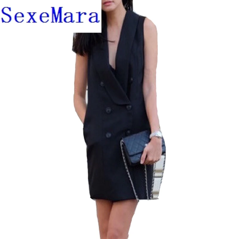 SexeMara Dress Sexy Woman 2017 Сплошной Черный Хлопок & Клуб Карманы V-образным Вырезом Без