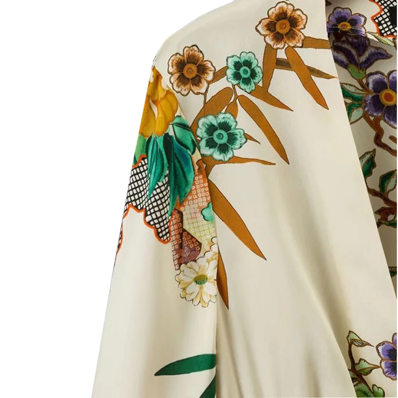 Осень Винтаж блузка Цветочный принт открыть свободные пояса КНОПКА рукав кимоно