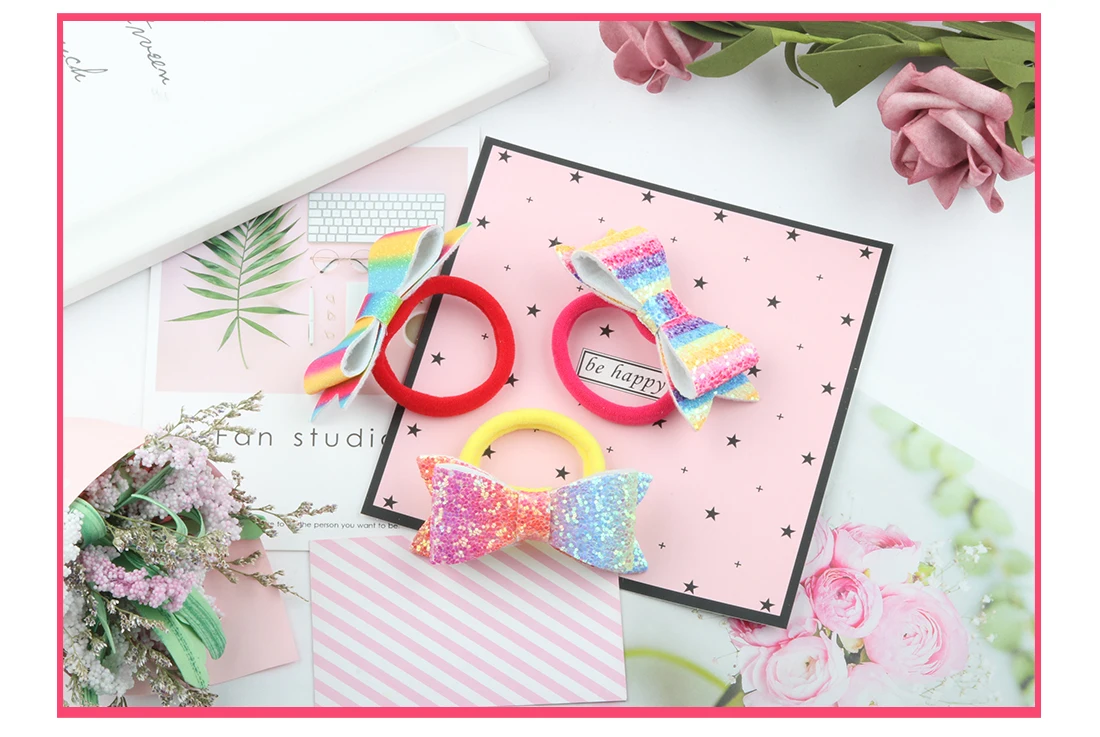 1 PC Child Hair Bow Tie Elastic Hair Band Glitter Hairbow Rope Rainbow Sequin Sparkly 3 Inch Bows Mermaid Girls Sweet Headwear