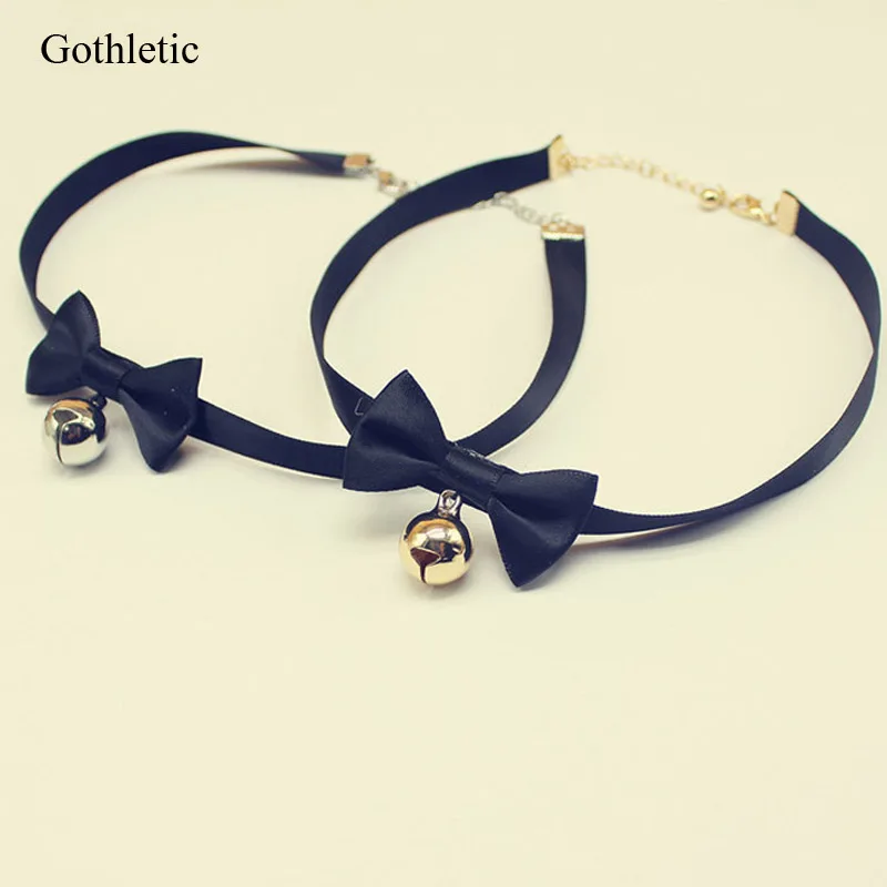 Модный кавайный чокер с бантом из ленты позолоченный/родиевый кулон колокольчик
