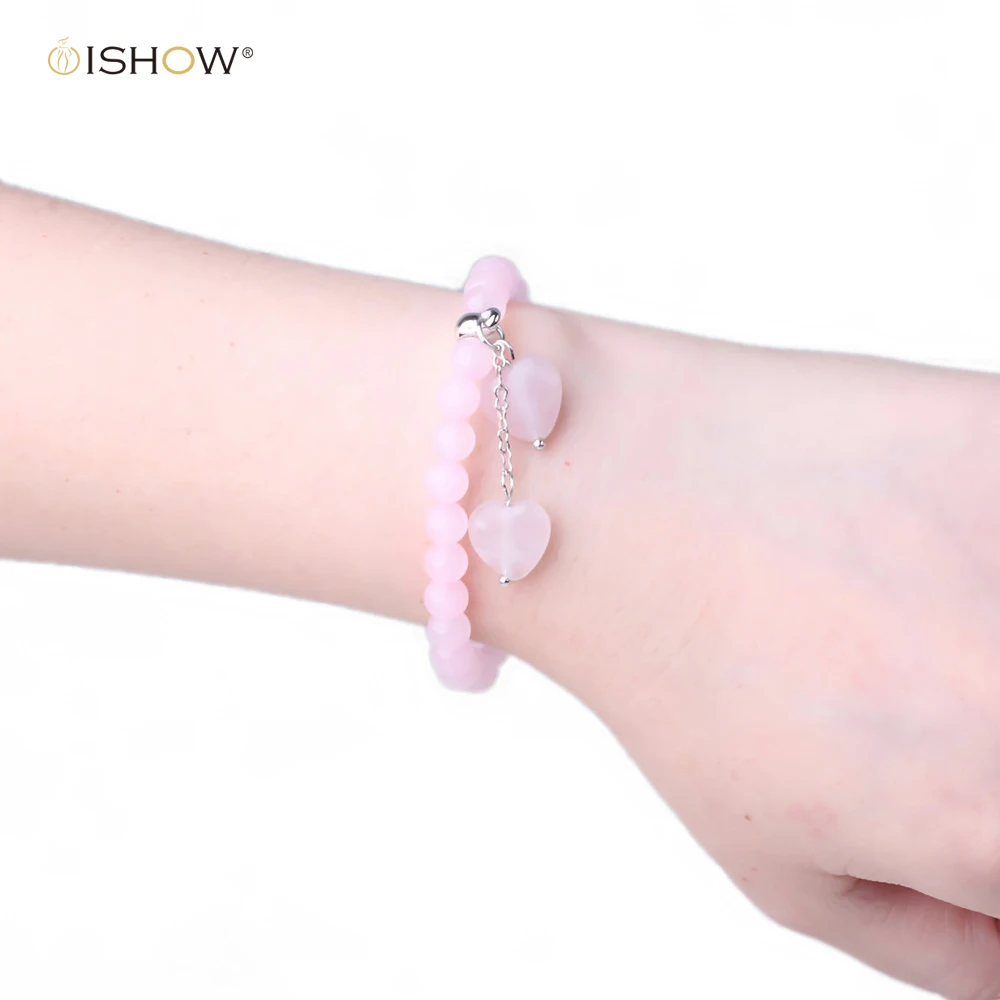 Натуральный розовый камень Бусины браслет для женщина кулон сердце Браслеты и