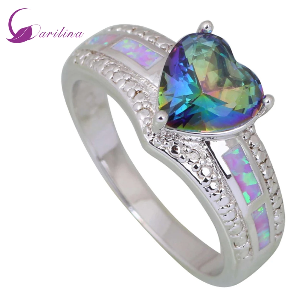 

Wedding Fashion Rings For Women Blue Rainbow Mystic Cubic Zirconia Opal Silver Color Jewelry Size 5 6 7 8 9 R407
