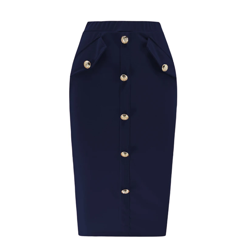 Navy blue Летняя модная женская юбка миди для работы OL Сексуальная Открытая разрезная кнопка тонкая элегантная юбка карандаш офисные женские карманные юбки - Цвет: Navy blue