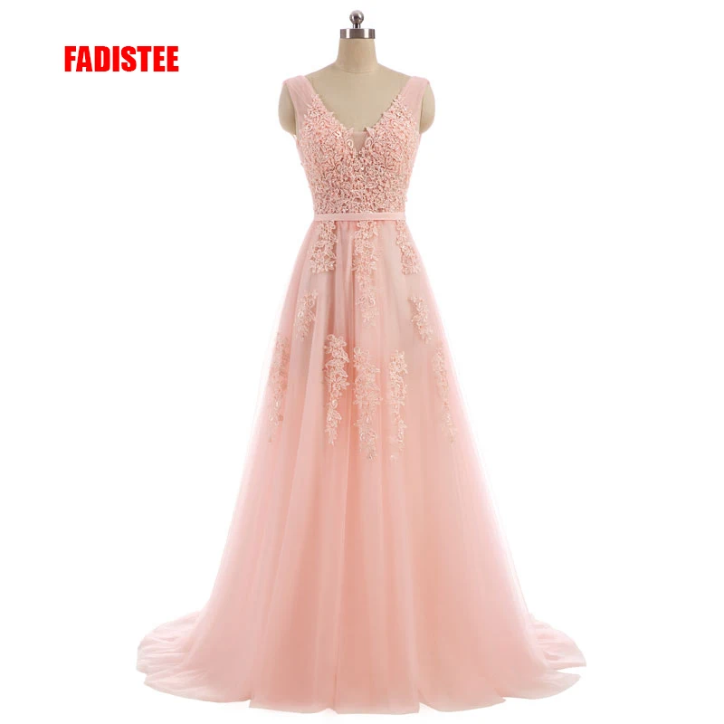 FADISTEE vestido de festa, милое Розовое Кружевное длинное вечернее платье с v-образным вырезом, вечерние платья невесты, сексуальные платья с открытой спиной и бусинами, платья для выпускного с жемчугом на шнуровке