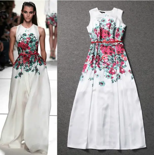 2015 Newest Spring Summer Runway Looks Great Floral Print White Sleeveless Maxi Dress A-line Long Dresses For Women LQ4491 | Женская