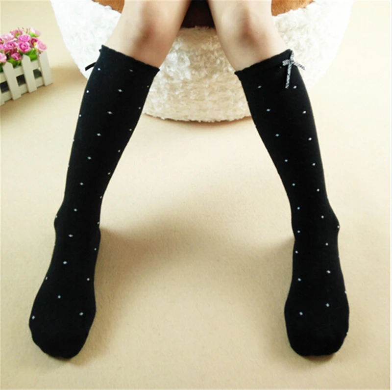 

1Pair Princess Dancing Lace Bowknot Knee-high Girls Socks Knee Cotton Black White Dot Cotton Children Students Style Kids Socks