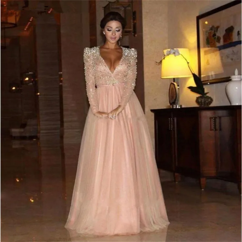 

Pink Muslim Evening Dresses A-line V-neck Long Sleeves Tulle Crystals Islamic Dubai Saudi Arabic Long Formal Evening Gown