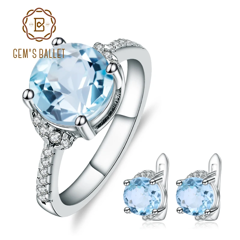 

GEM'S BALLET 8.61ct Natural Sky Blue Topaz Ring Earrings Set 925 Sterling Silver Gemstone Fine Jewelry Set For Women Anniversary
