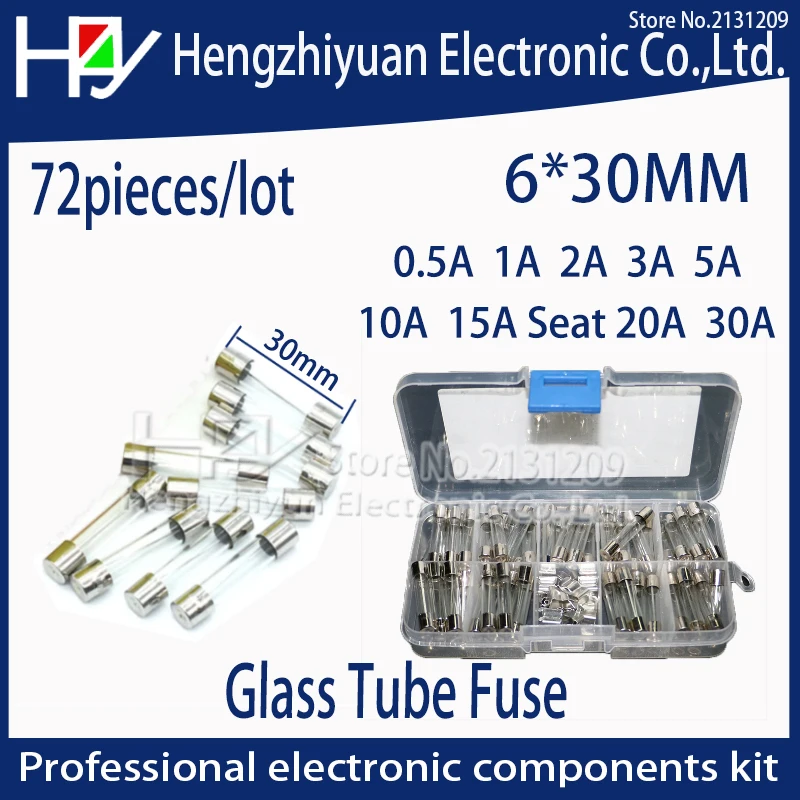 Hzy 72pcs/lot 6x30mm Fast-blow Glass Fuses Quick Blow Car Glass Tube Fuses Assorted Kit Amp seat  home fuse with box thermo fuse