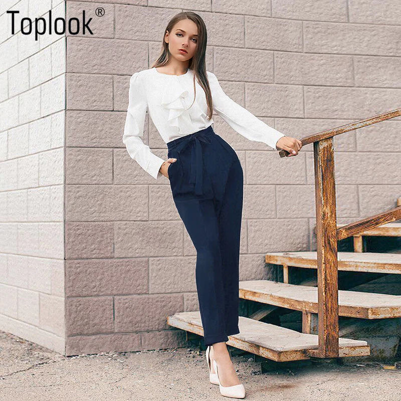 Toplook Элегантные бинты карандаш брюки Для женщин 2018 темно-синий мода Высокая талия