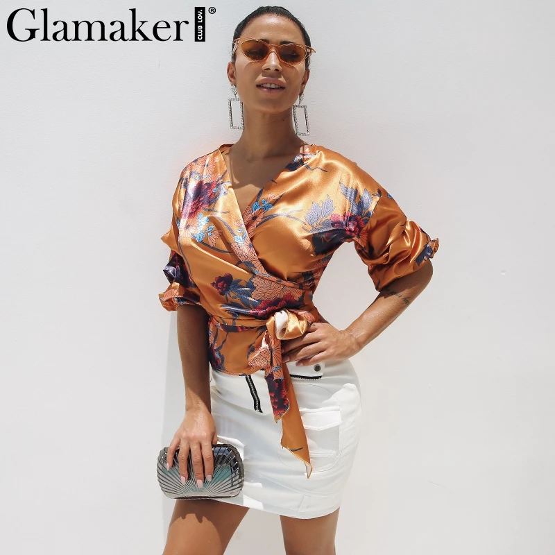 Glamaker Сексуальная случайная Цветочная печать женская блузка женские блузки
