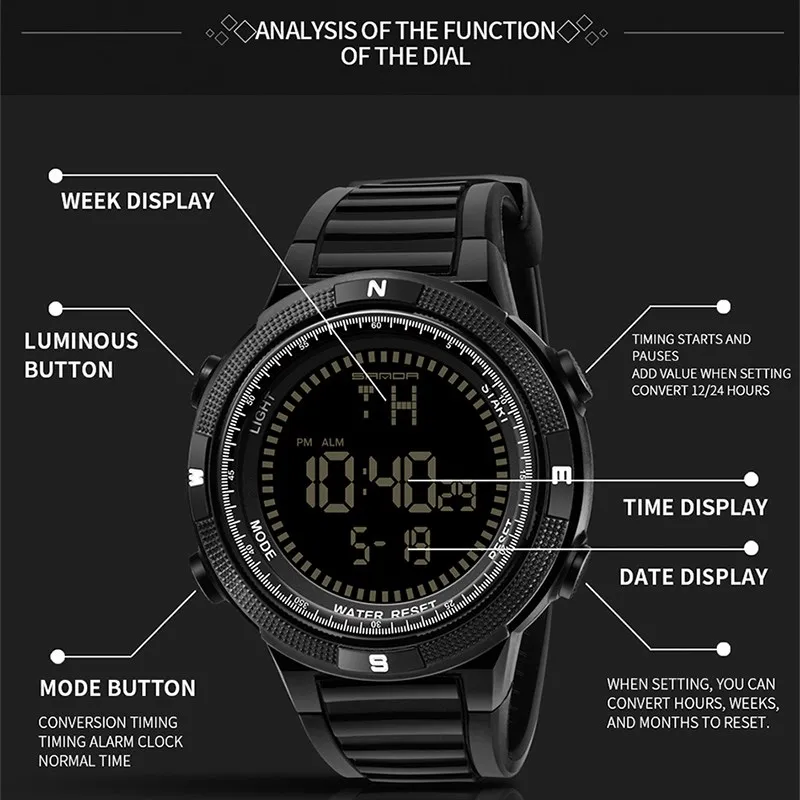 SANDA роскошные Брендовые мужские спортивные часы светодиодные цифровые армейские