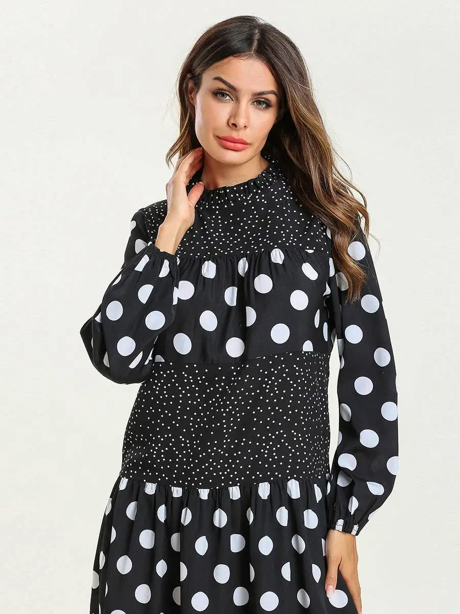 Женское лоскутное длинное платье в горошек с кружевным воротником и длинным