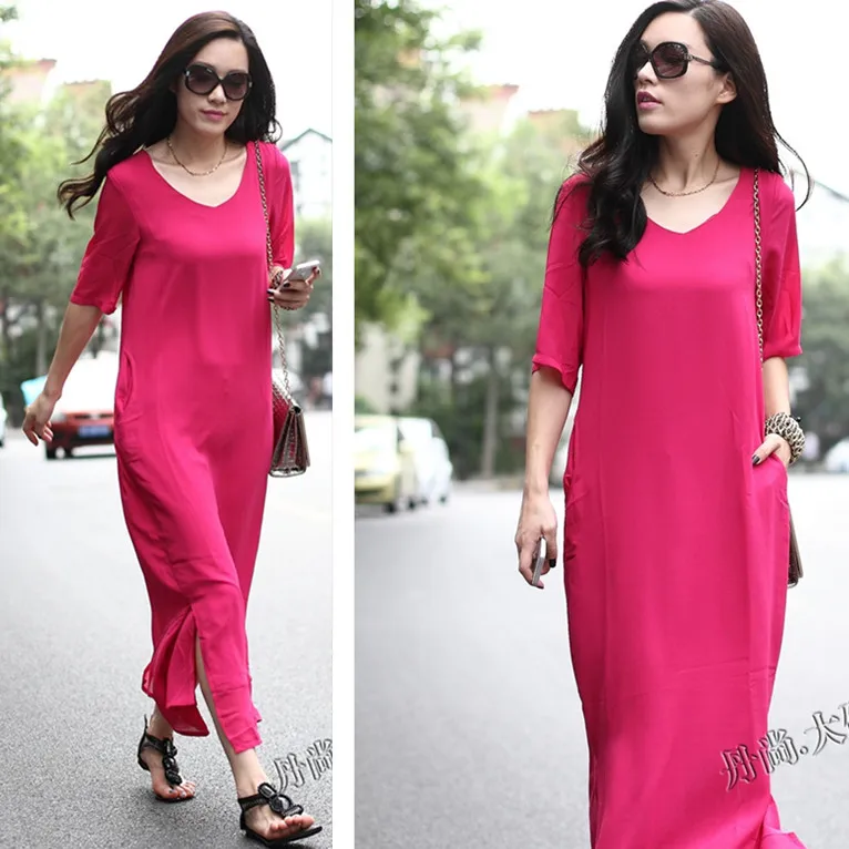 

Customize Made Vestido Women Casual Slim Fit Plus Size V Neck Loose Side Slit Maxi Long Ankle Length Chiffon Beach Dress