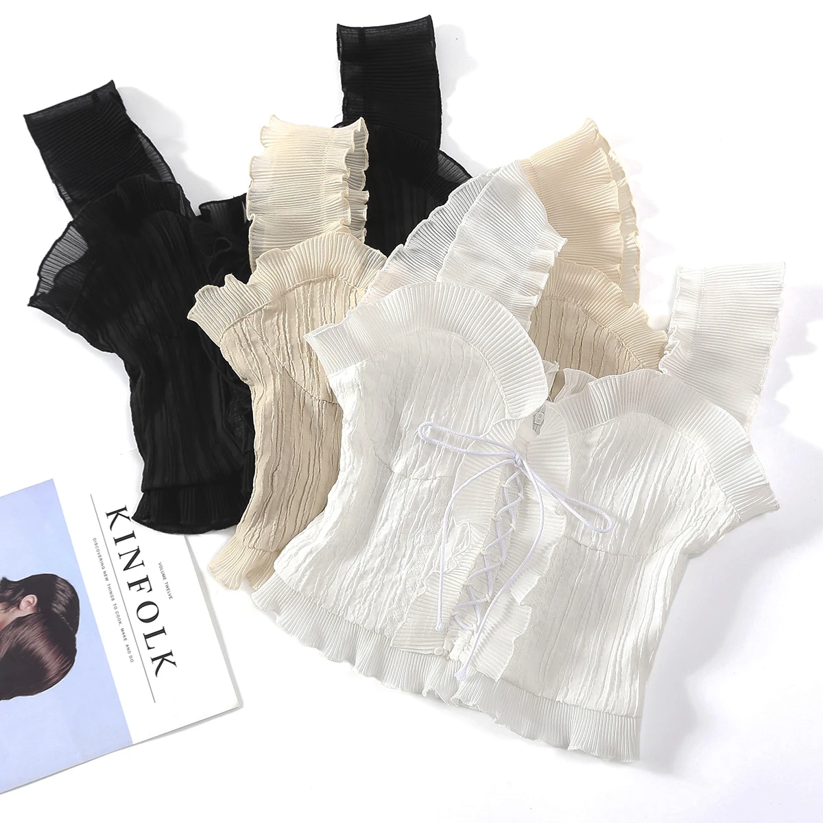 Ретро шифоновые оборки Camis тонкая высокая талия шифон жилет милые короткие