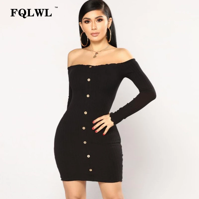 Женское облегающее платье с открытыми плечами FQLWL трикотажное мини на пуговицах