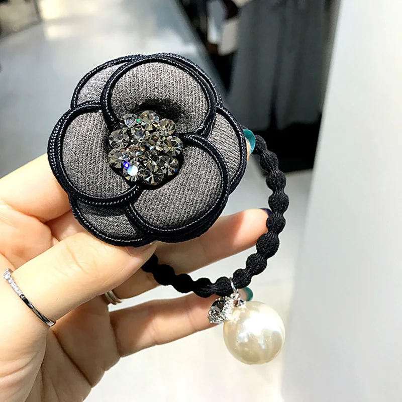 Chic camellia hair ties crystal flower ring/rope pearl pendant elastic band rubber women fashion accessories |