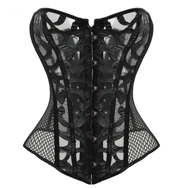 

New Sexy Burlesque Costume Mesh Printing Corset Bustier Waist Cincher Top Black Color Body Shaper Corselet 2018 Corset Underbust