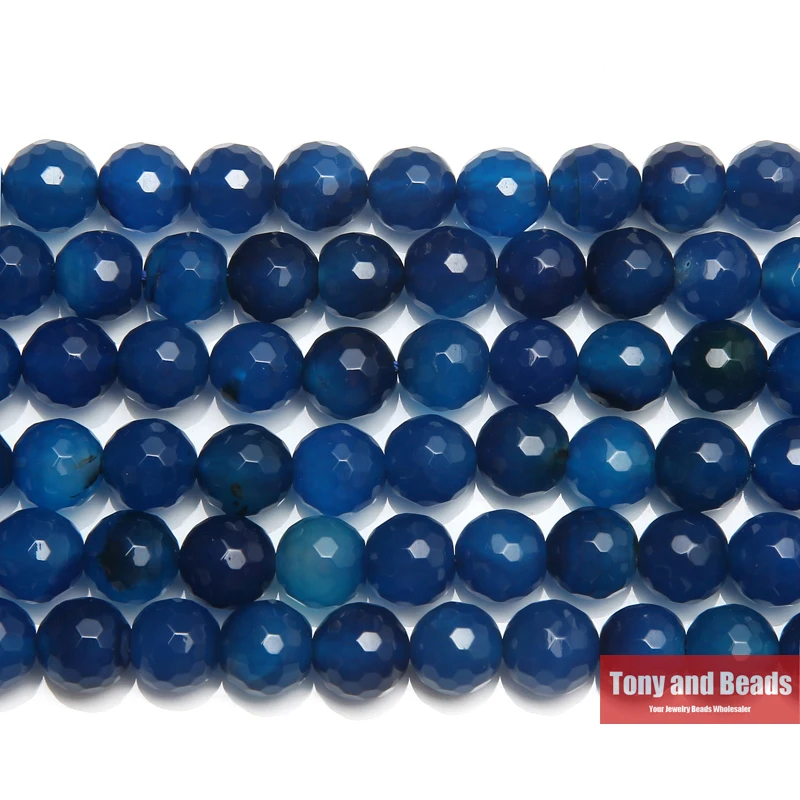 

15" Natural Stone Faceted Blue Agate Round Loose Beads 6 8 10 12MM Pick Size For Jewelry Making