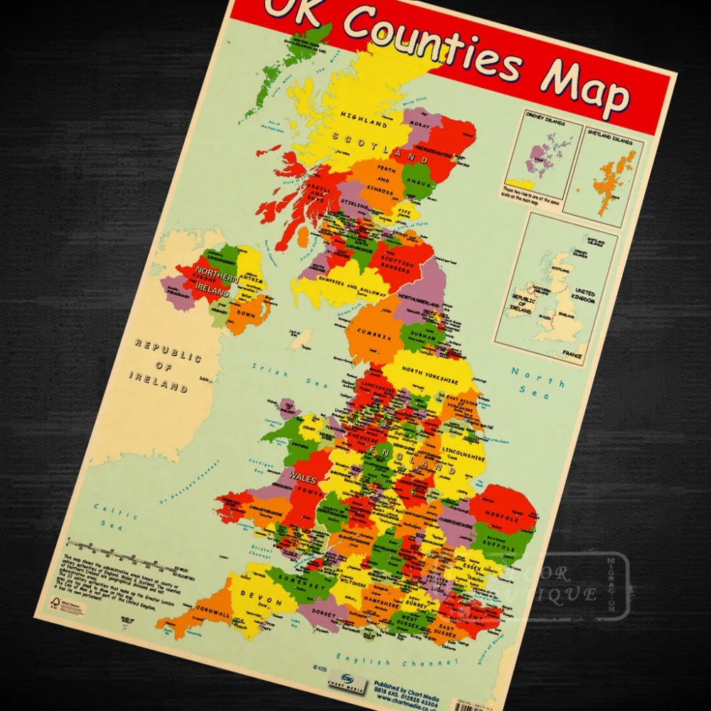 Великобритания графства карта образовательная художественный плакат