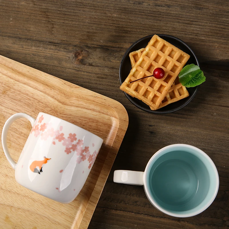 Ceramic Coffee Milk Mugs with Lid Spoon Sakura Cute Fox Deer Bear Mug Office Tea Creative For Kids Bithday Christmas Gifts | Дом и сад