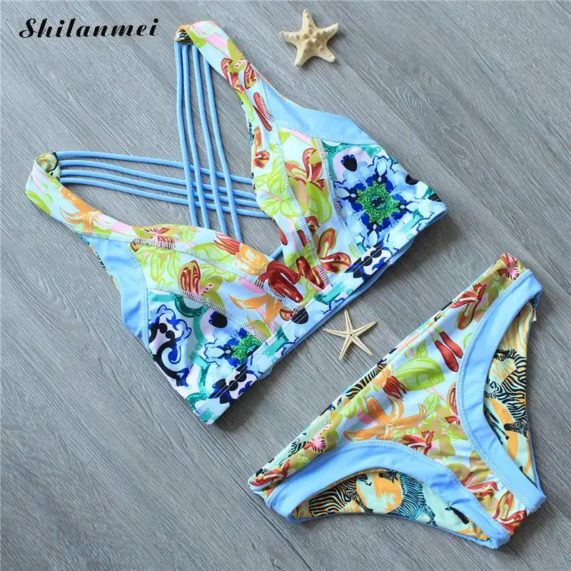 Горячая Распродажа Бесплатная доставка полиэстер бикини с принтом дрожь синий