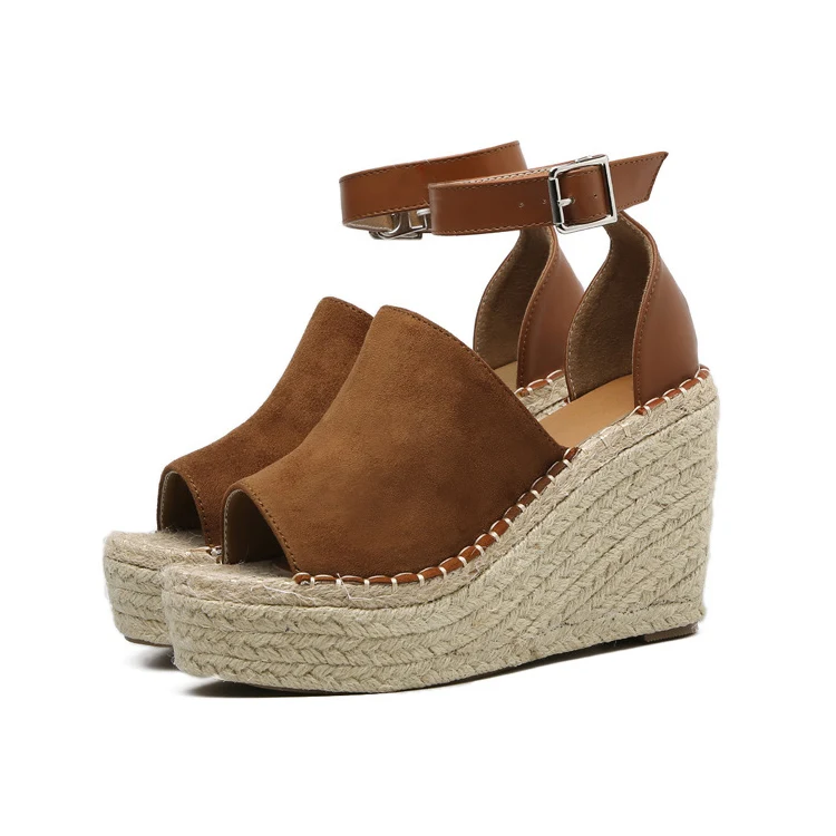 Brown Wedge Sandals Летние эспадрильи; Босоножки на платформе; женские босоножки на танкетке с ремешком и пряжкой на щиколотке; замшевые сандалии для женщин с открытым носком; обувь в уличном стиле - Цвет: Brown Wedge Sandals