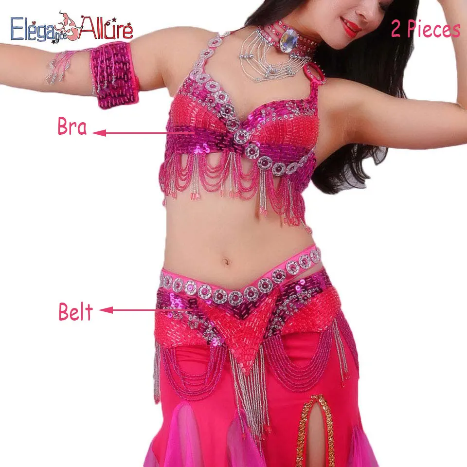 Hot pink 2pcs BRBE E&A, 2 шт., женский костюм для танца живота, комплект для выступлений, набор для танца живота, модный топ, пояс, ожерелье, браслет, юбка, Одежда для танцев - Цвет: Hot pink 2pcs BRBE