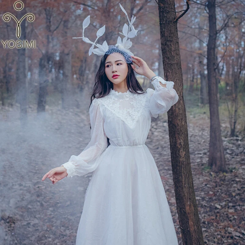 Женское длинное платье YOSIMI винтажная туника белого цвета с длинным рукавом и