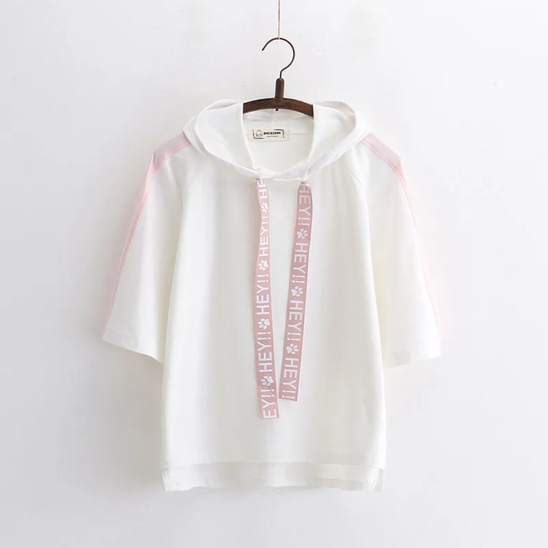 Merry Pretty t shirt women black hooded t-shirt harajuku casual drawstring solid short sleeve cotton top streetwear bbf tshirts | Женская