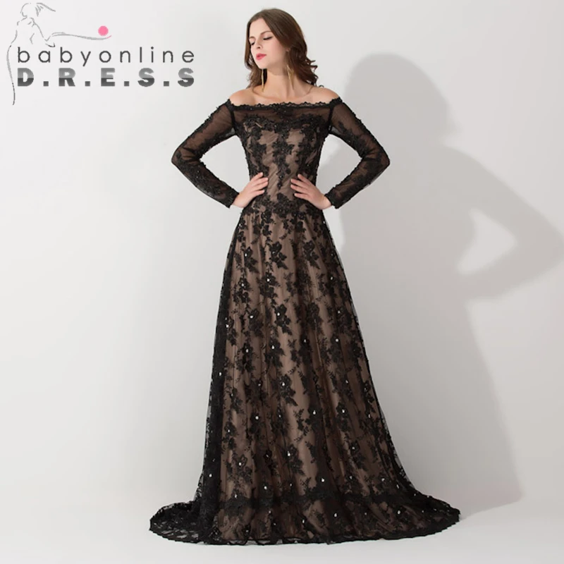 

Middle East Black Lace Muslim Arabic Evening Dress Long Sleeve Boat Neck Kaftan Dubai Evening Gown with Train Robe de Soiree