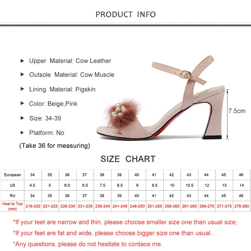 

2019 New Summer Genuine Leather Women Sandals High Square Heel Peep Toe Buckle Pearl Marten Hair Sexy Ladies Women Shoes