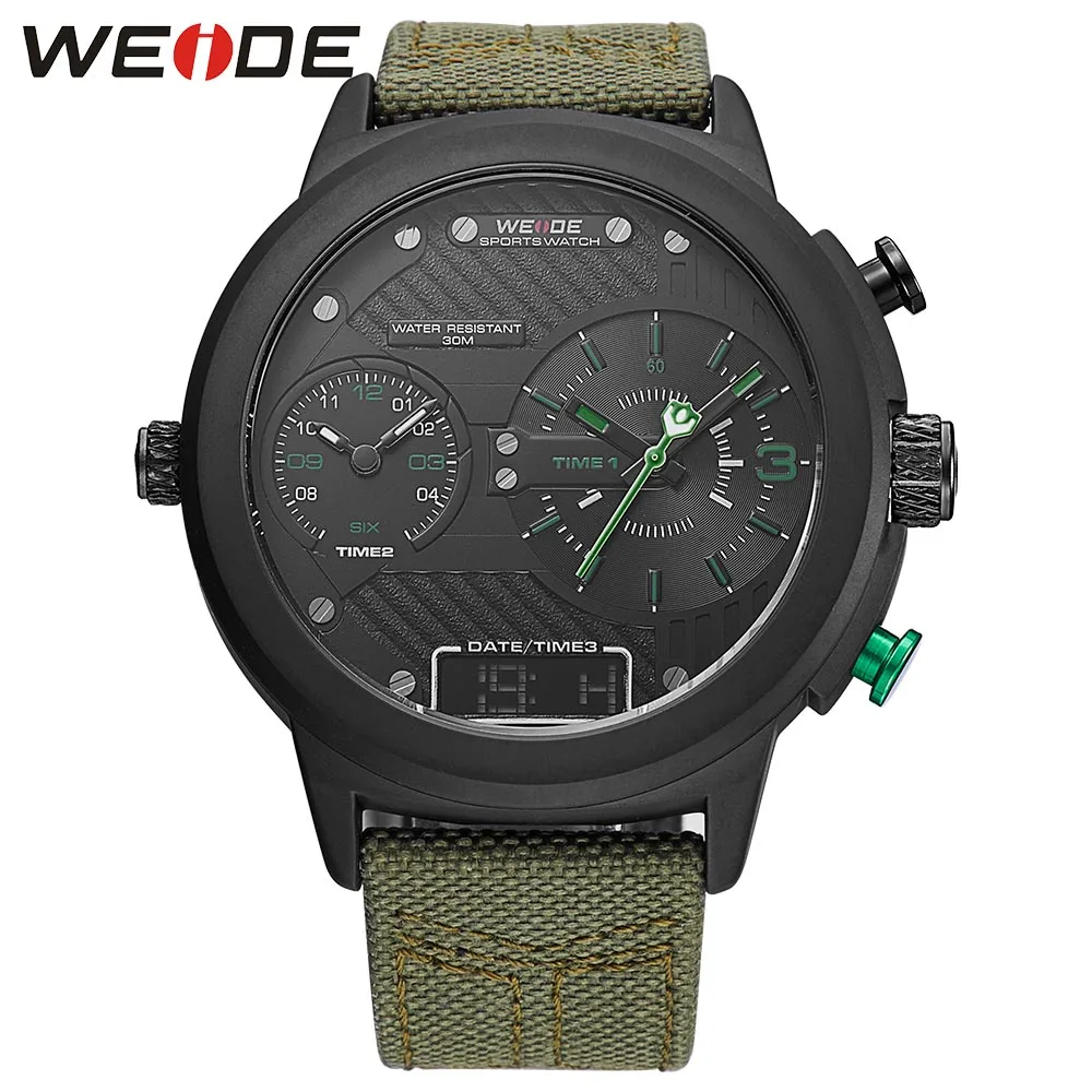 WEIDE ЖК-дисплей цифровой Спорт черный большой циферблат Multi-time zone карманные часы кварцевые Элитный бренд Аналоговый часы с нейлоновым ремнем коробка - Цвет: Зеленый