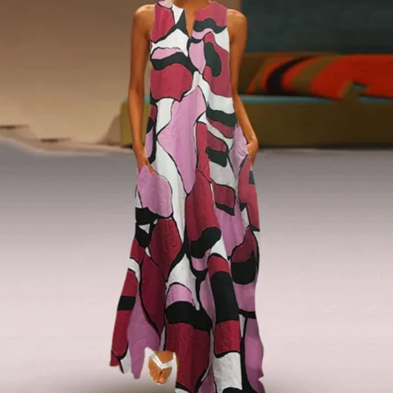 Women beach dress Lady Floral Print Sleeveless Shift dresses Casual pockets Long Summer holiday boho vacation split Maxi Dresses | Женская