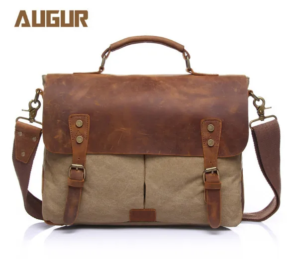 Vintage casual men's portable briefcase canvas postman bag Messenger with crazy horse leather 14 Inch Laptop Bag Cross Body |