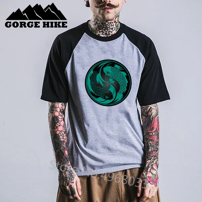 Китайский стиль тайцзи кунг фу Футболка с принтом Hombre Teal синий и черный Yin Yang Koi Fish