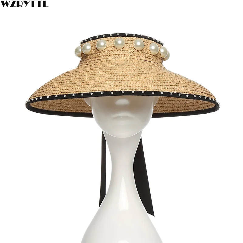 

Handmade Women Ultrabraid Visor with Ribbon Binding Peals Raffia Straw Visor Hat Big Brim Sun Hat Summer Beach Hat Travel Cap