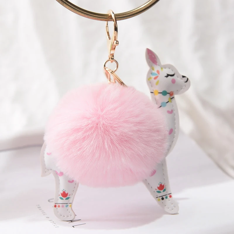 Pink Пушистый меховой шар милый брелок для ключей из альпаки кожаные брелоки с животными Chaveiros искусственный мех кролика помпон брелок для ключей женские ювелирные изделия - Цвет: Pink