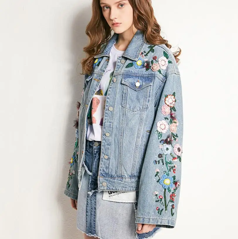 Весенне осеннее Новое модное джинсовое пальто тяжелая работа с блестками