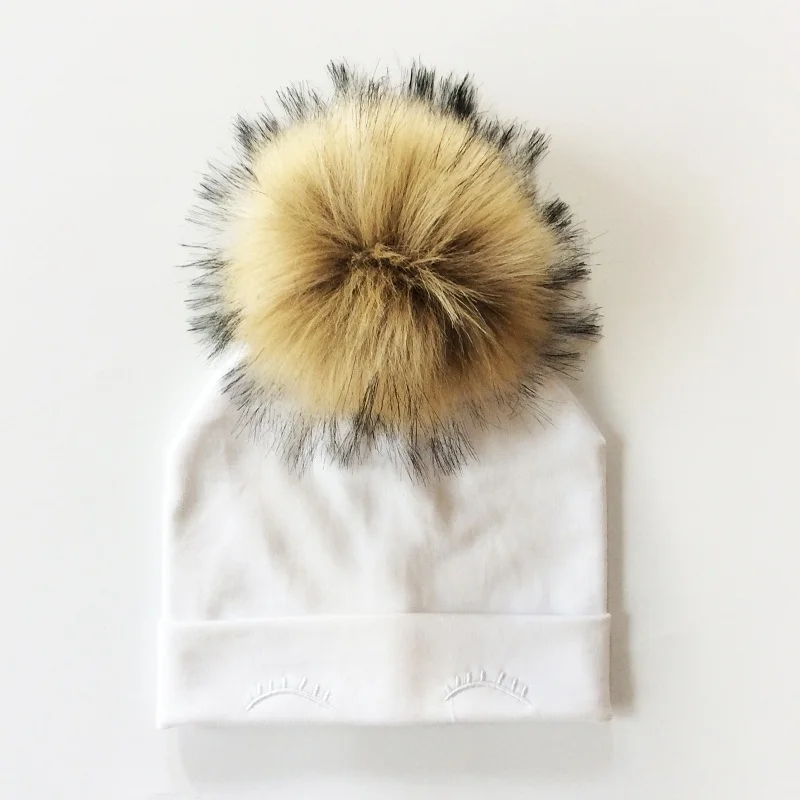 

Baby Hat Eye Embroidery Pompom Hat For Baby Girls And Boys Cotton Beanie Winter Children Caps