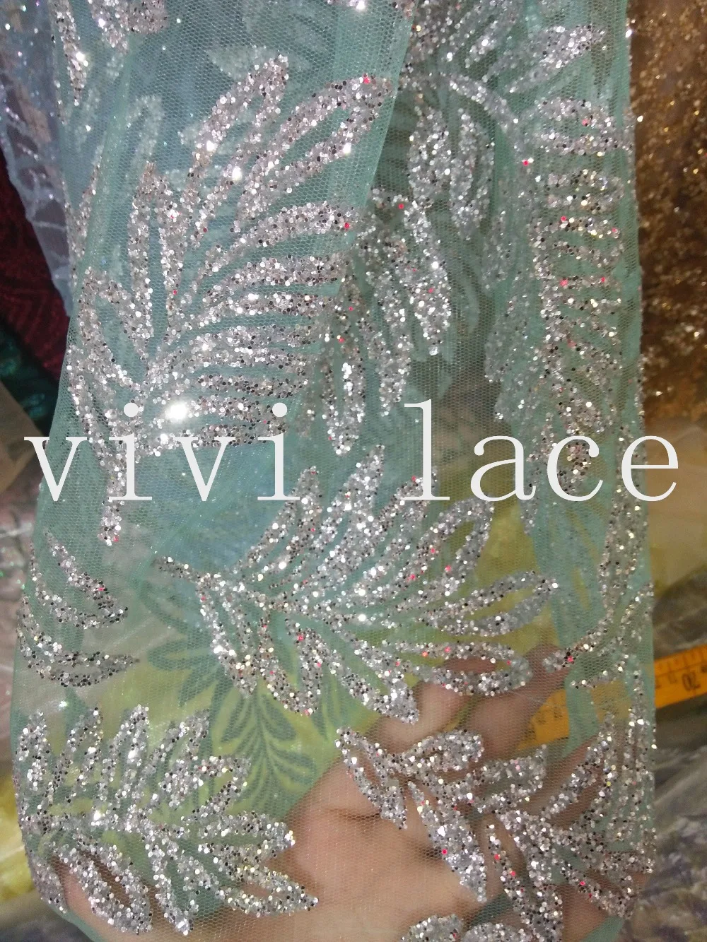 5 ярдов HL376 серебро лист склеенный вручную принт Блестящий мятно-зеленый тюль