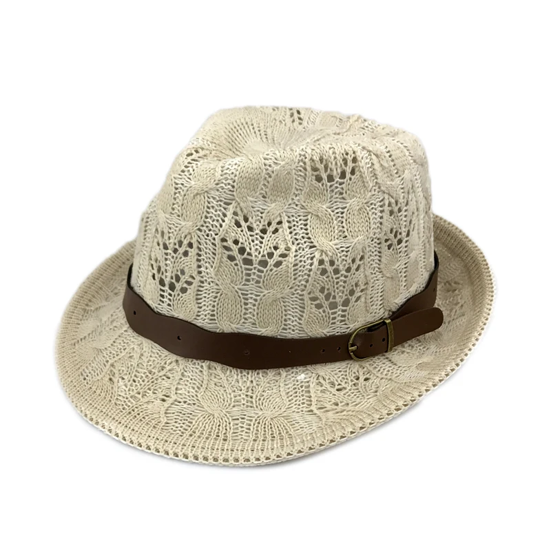 Вязаная женская панама-шляпа Trilby Fedora с поясом из пряжи летняя джазовая шляпа