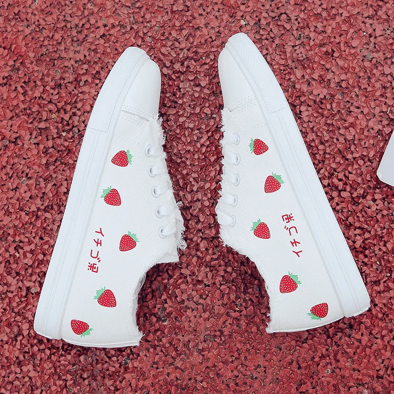 Женские кроссовки с принтом клубники белые парусиновые туфли на шнуровке