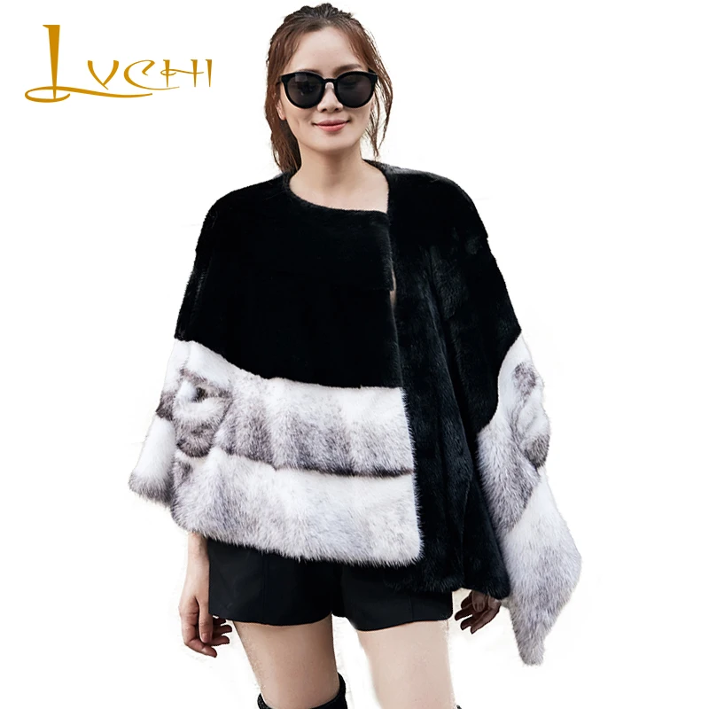 

LVCHI Winter 2019 Real Fur Mink Coat Colorful Natural Fur Causal Coat Women's O-Neck Patchwork Long Spliced Loss Mink Coats
