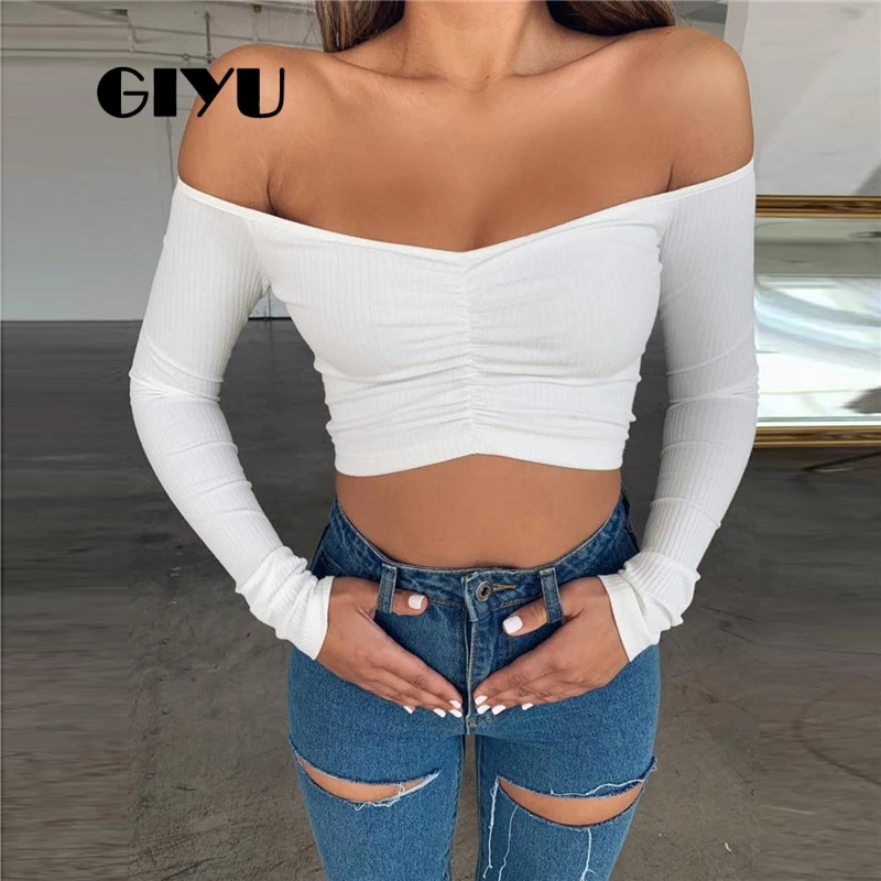 GIYU/Однотонная футболка с длинным рукавом и вырезом лодочкой Semmer сексуальная