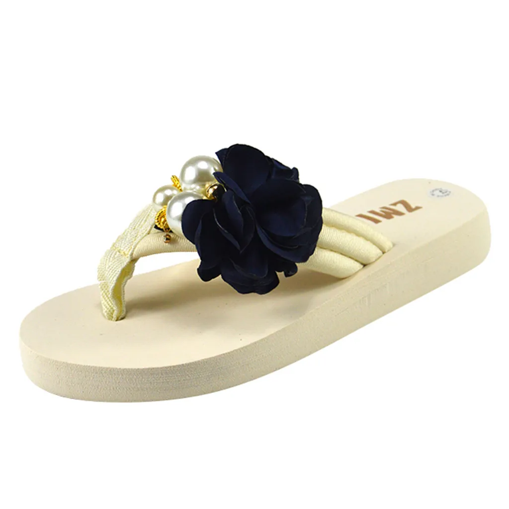 Женские сандалии на платформе с жемчужинами и цветами Летние танкетке Пляжные