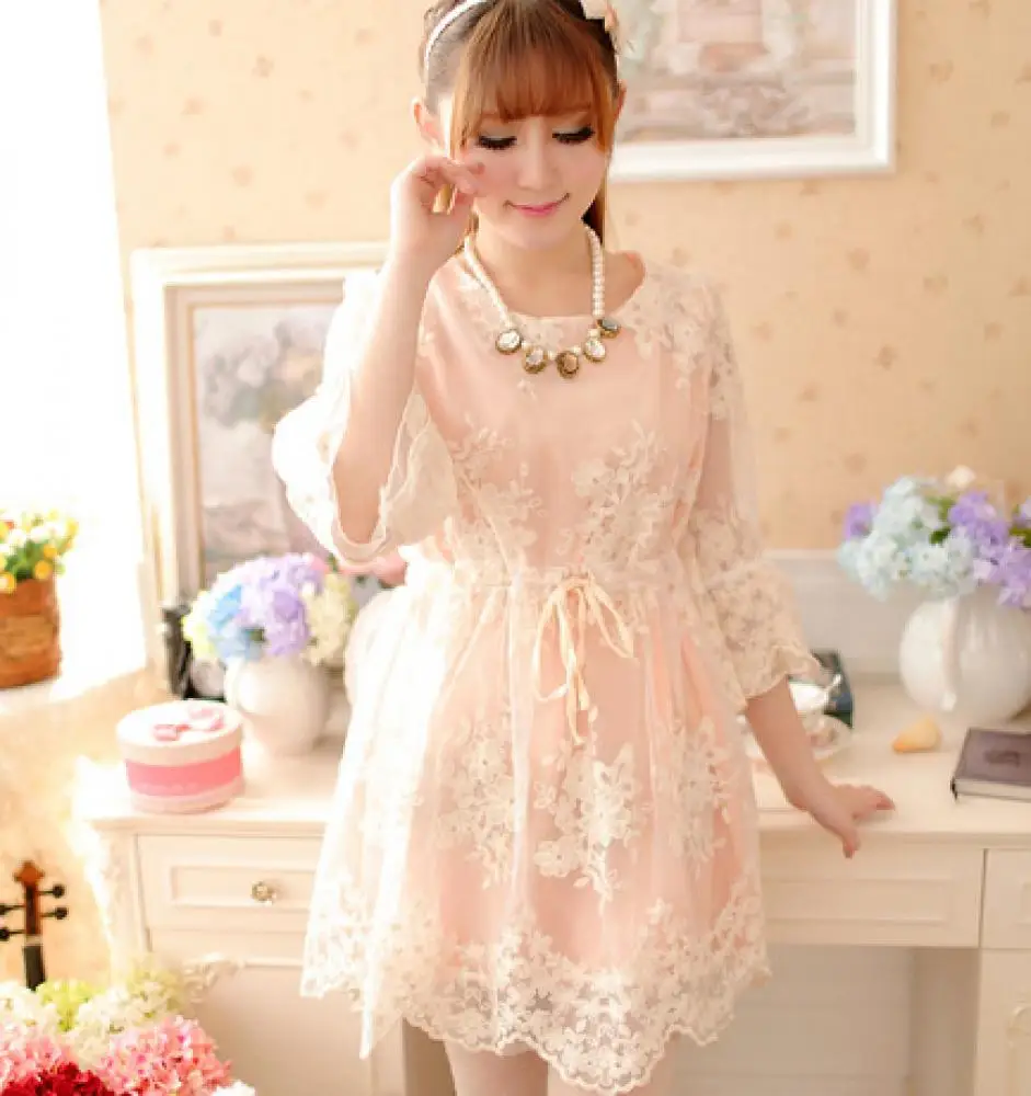 Women's Gauze Lace Tether Nine Sleeve Dress |