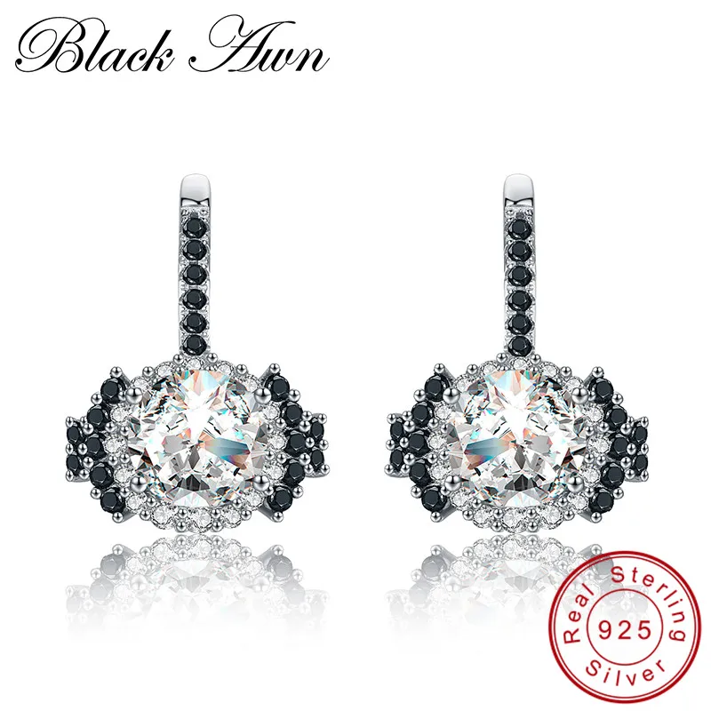 

[BLACK AWN] Solid Sterling Silver Jewelry Design Novelty Stud Earrings for Women Female Black Spinel Stone Earrings T147